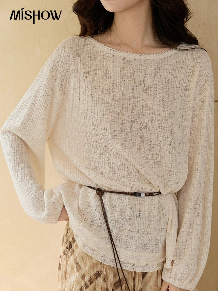 MISHOW Women's Lace Trim Boat Neck Knitted Tops with Belt 2026 Spring  Micro Transparent Loose Casual Thin Sweater MXF13Z3002