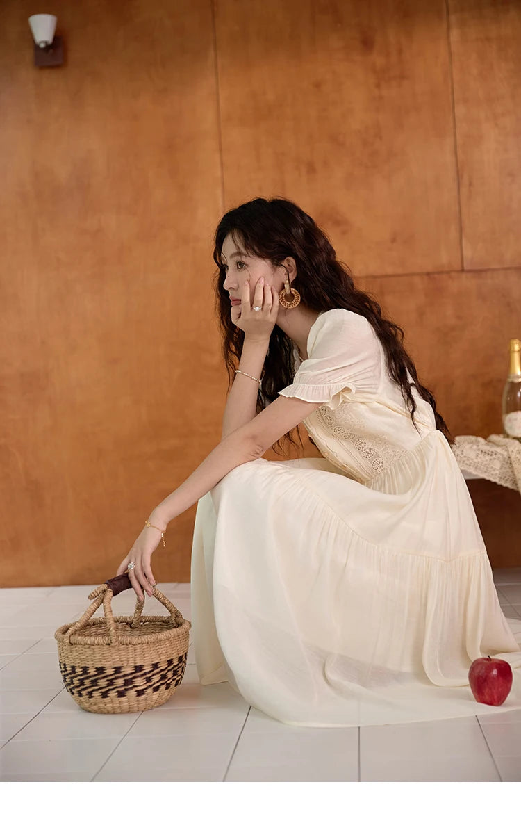 MISHOW Women's French Hollowed Out Embroidery Dress 2024 Summer Elegant Slim Fairycore Dress Waist Mid Length Dresses MXD31L1981