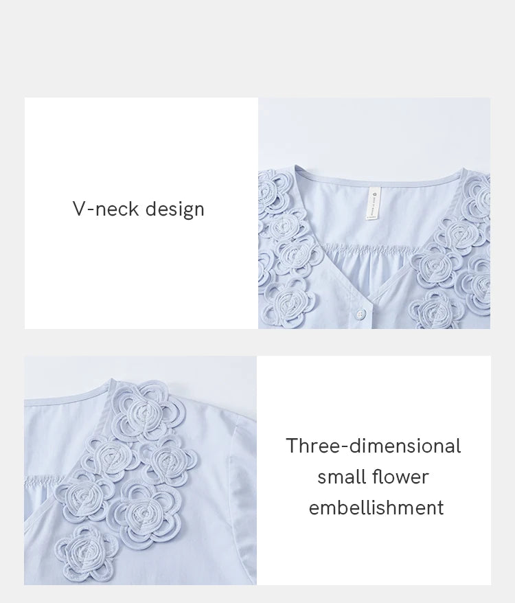 MISHOW French New Shirts Women Summer 2025 Solid Short Sleeve V-neck Embroidered Loose Blouses Female Loose Versatile MXE31X1774