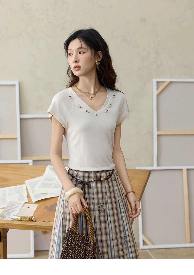 MISHOW Retro Plaid Patchwork Pleats Skirt Summer 2025 Versatile Flowers Slim Skirt A-LINE Skirts Excluding Waist Belt MXE35B0726