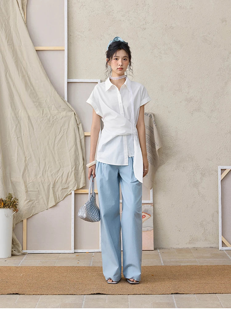 MISHOW Sea Salt Blue Wide Leg Pants 2025 Summer Contrasting Bead Belt Cotton Blend Trousers Slim Commuting Pants MXE35K0931