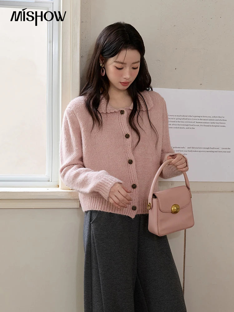 MISHOW Pink French Cardigan Women 2025 Autumn Winter New Sweet Turn-down Collar Single-breasted Loose Knit Sweater MXE48Z2569