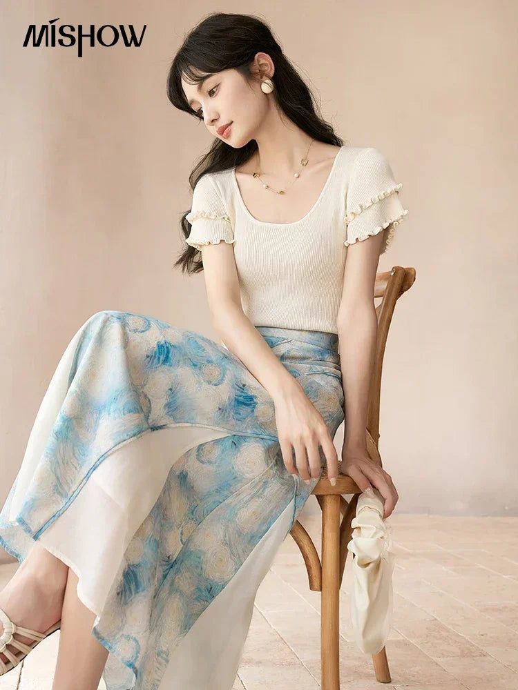 MISHOW French Skirts of Women Fashion 2023 [Van Gogh Collection] Art Pleated High Waist Slim Fit Female A-LINE Skirts MXC39B0095