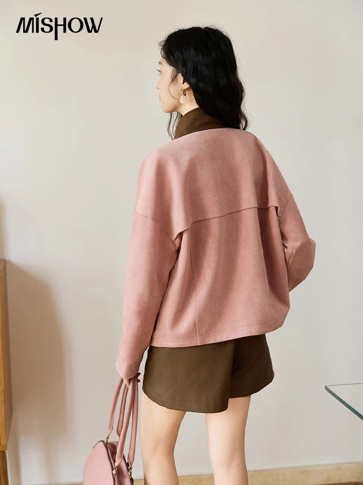 MISHOW Woman Jacket 2025 Autumn French Style Pink Coffee Suede Jacket Contrast Color Stand Collar Loose Short Coat MXE48W0851