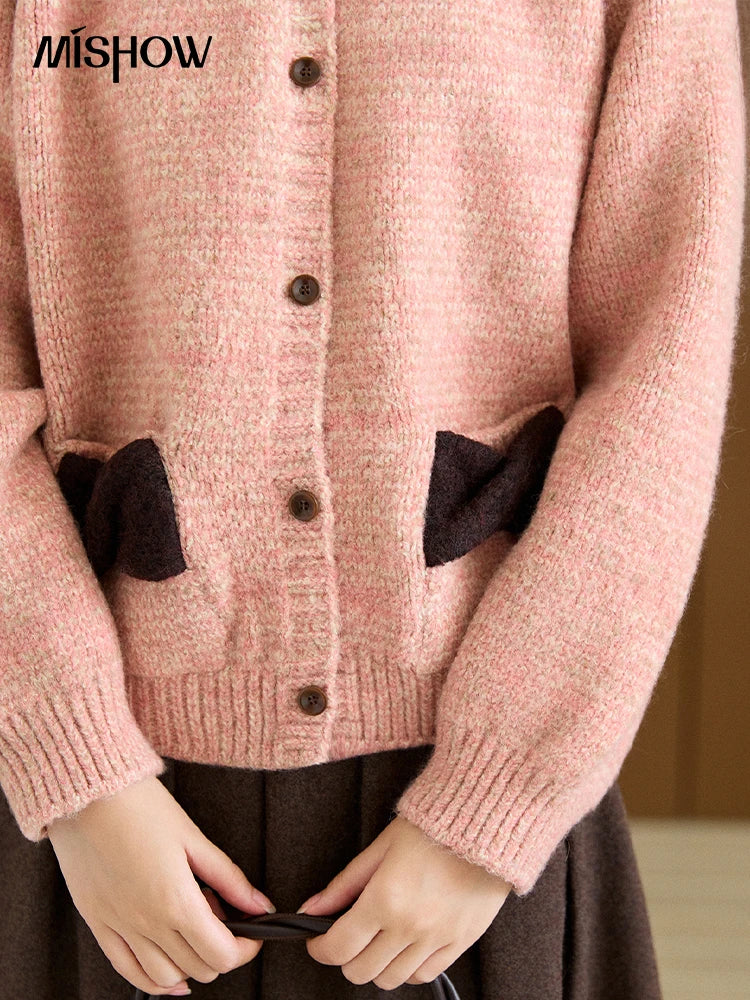 MISHOW Women's Pink Knitted Cardigan Autumn Winter Contrast Collar Bow Pocket  Top Single-breasted Loose Warm Sweater MXE94Z2957