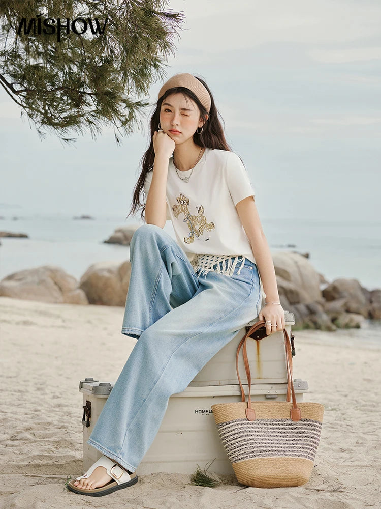MISHOW Print Women‘s Summer T-shirts 2025 Short Sleeve Round Neck Loose Design Shirt Female Slim Embroidery Tops Lady MXE31T0550