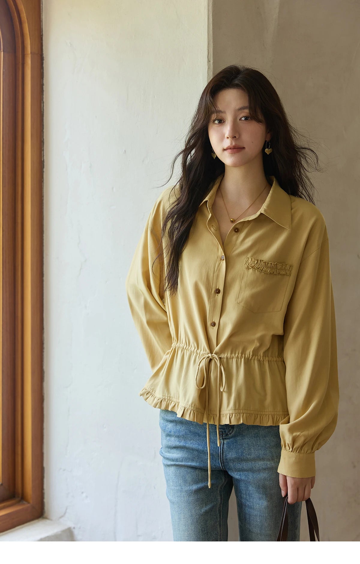 MISHOW Autumn French Drawstring Waist Shirt 2025 Yellow Hem Lotus Leaf Top Female Lapel Lantern Sleeve Commuter Shirt MXE42C2368