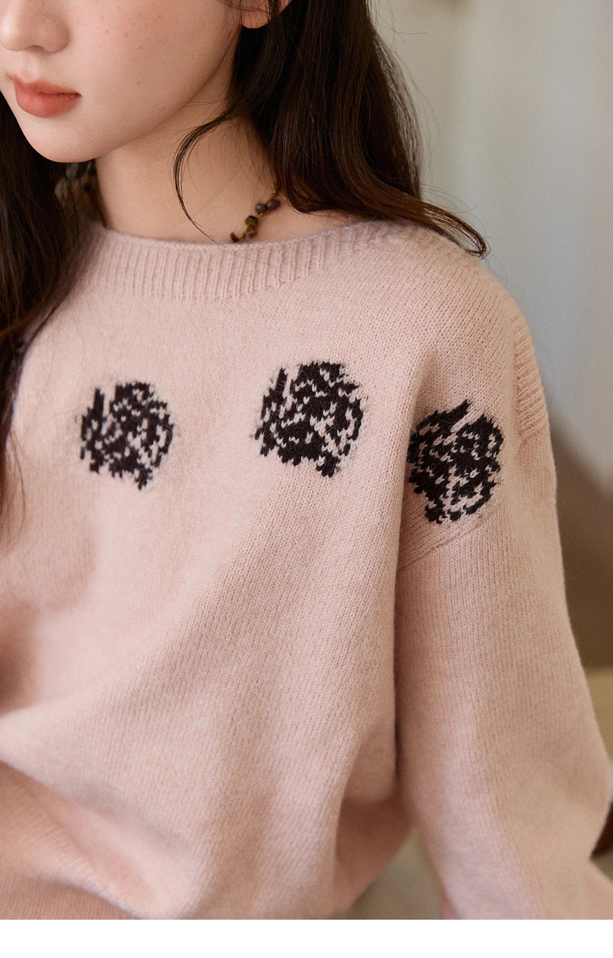 MISHOW Pink Jacquard Sweater for Women Fall Winter 2025 Lantern Sleeve Tops Shoulder Drop Thickened Knitted Sweater MXE91Z2775