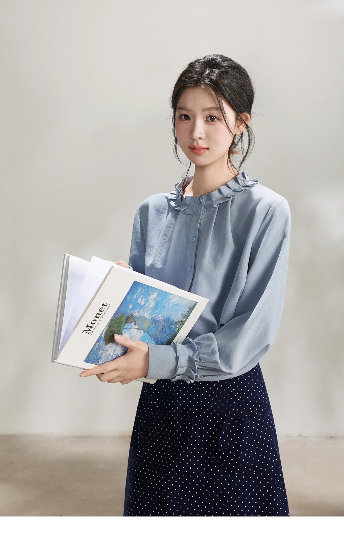 MISHOW Women's Peach Skin Solid Shirt 2026 Spring Ruffled Crew Neck Single-breasted Tops Casual Long Sleeve Shirts MXF11C2431