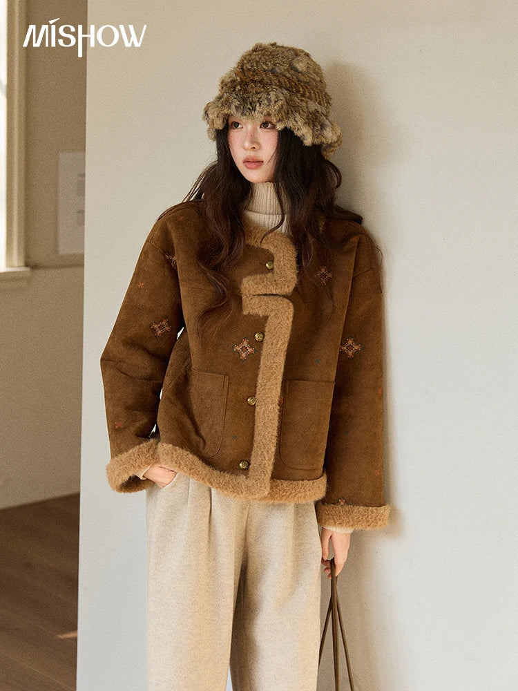 MISHOW Women Brown Jacket 2025 Winter Retro Stand Collar Single-Breasted Windproof Coat Comfortable Long-Sleeve Coat MXE86W0910