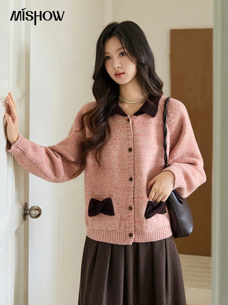 MISHOW Women's Pink Knitted Cardigan Autumn Winter Contrast Collar Bow Pocket  Top Single-breasted Loose Warm Sweater MXE94Z2957