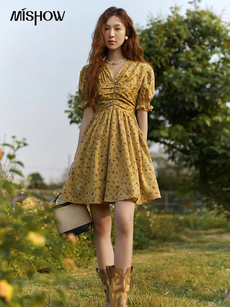 MISHOW Women's Retro Puff Sleeve Flower Dress 2025 Summer Waist Slim A-LINE V-Neck Shirring Female Ankle-Length Dress MXC33L1374