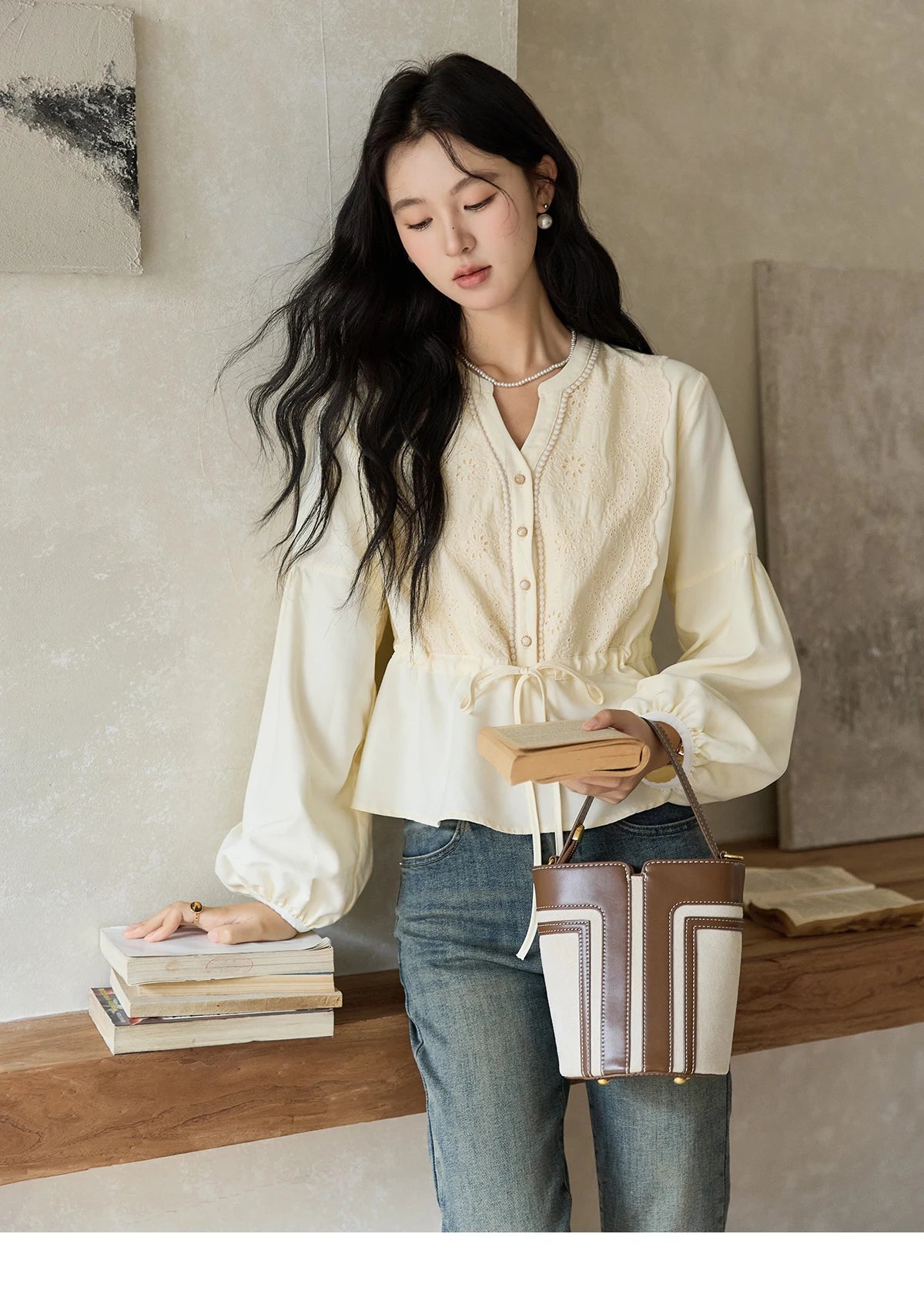 MISHOW Women's French V-neck Blouse Lace Lantern Sleeve Long-sleeved Blouses 2024 Fall Tie Drawstring Waist Slim Tops MXD45X1660