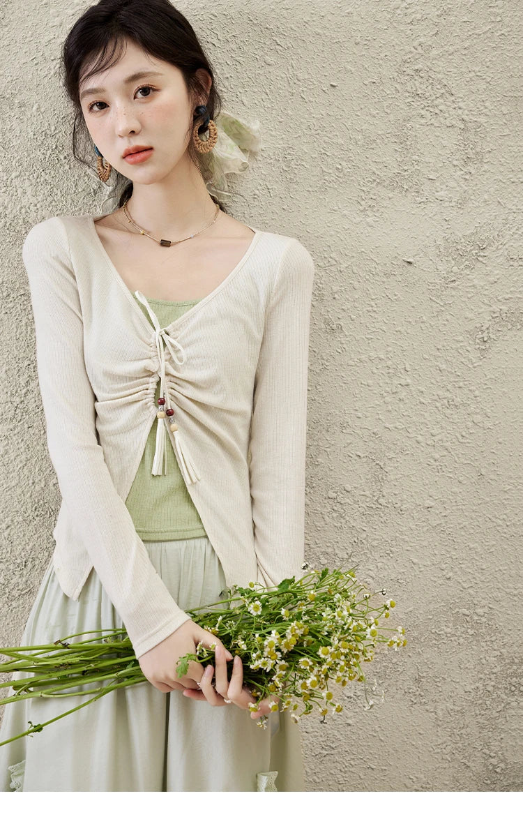 MISHOW Women's Fake Two Patchwork Knitted Spring 2025 Contrast Drawstring Strap Lace-up Tops Retro V-neck Thin Top MXE15Z1185