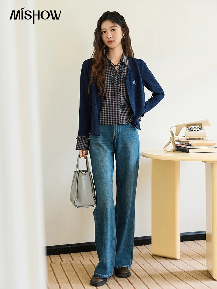 MISHOW Women's Fake Two Knitted Sweaters 2025 Autumn Plaid Splicing Embroidered Tops Retro Lapel Flare Sleeve Tops MXE45Z1401