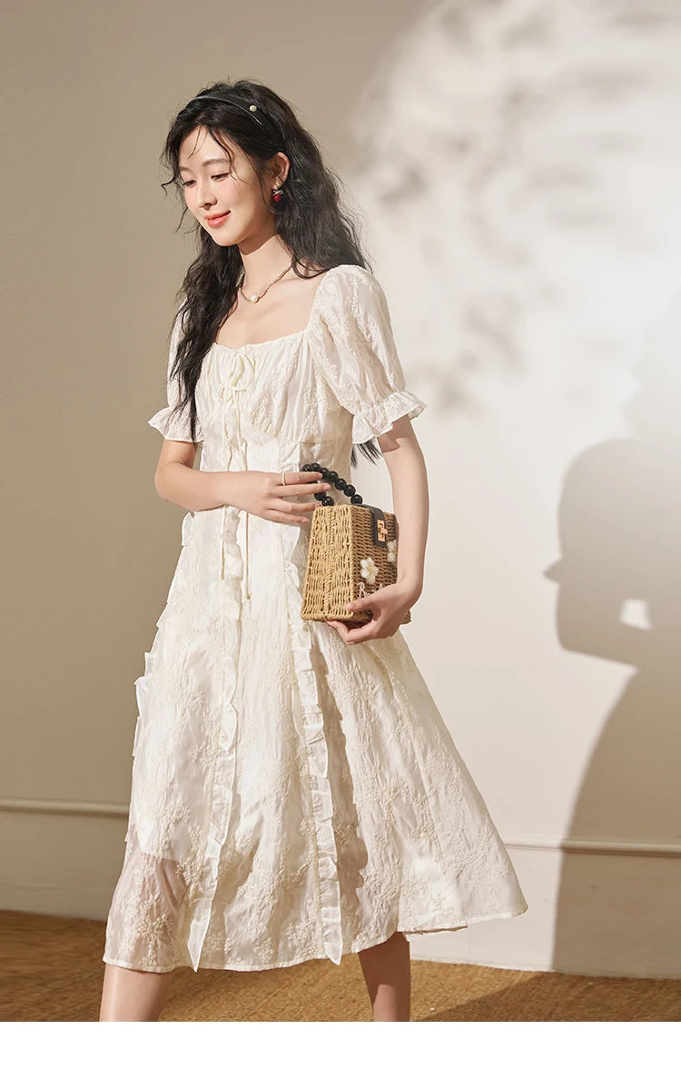 MISHOW Square Neck Vertical Stripe Ruffle Edge Dress 2025 Summer Tea Break French Bubble Sleeve Vacation Long Dresses MXD27L1808