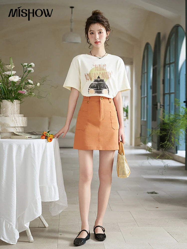 MISHOW Orange Skirt for Women Spring 2024 High Waist Slim A-line Inner Lining Design Symmetric Pocket Short Skirts MXD13B0264
