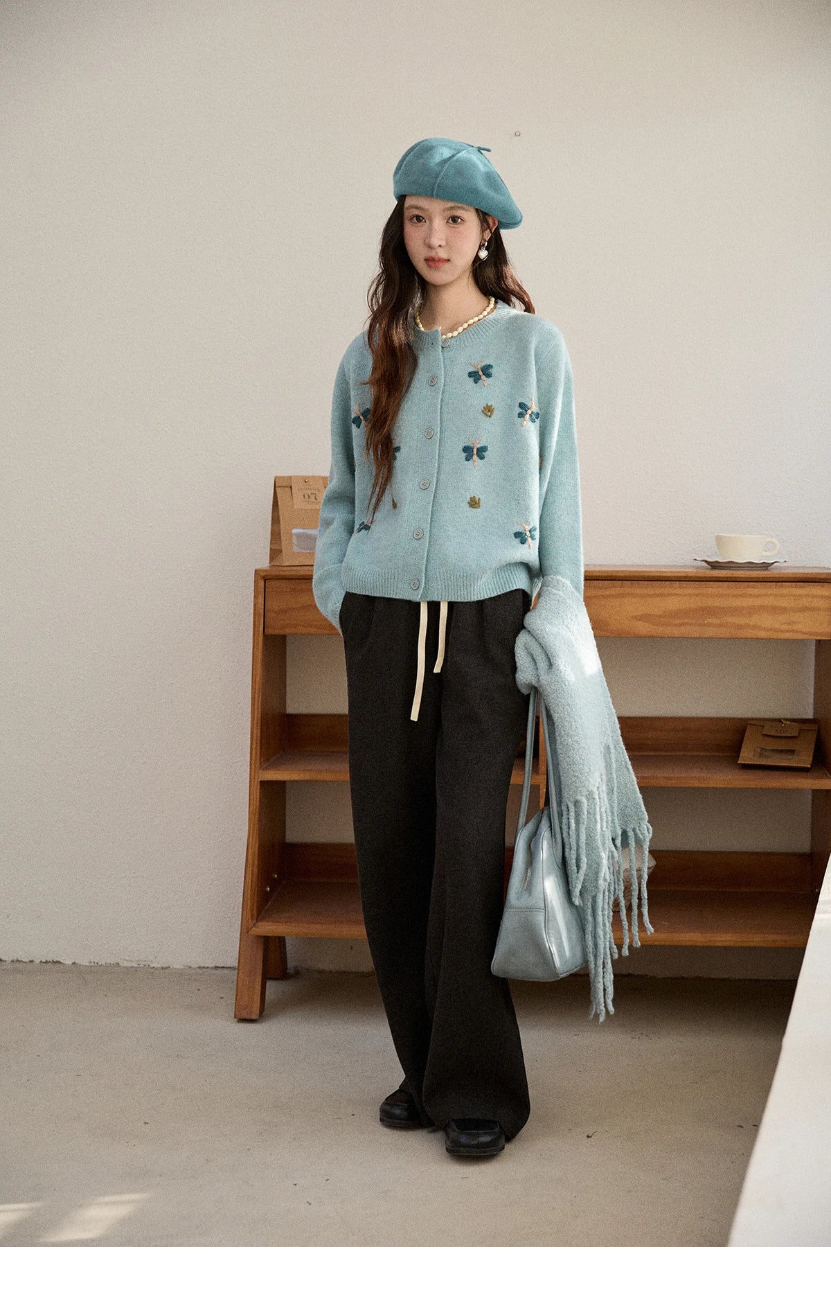 Mishow Blue Butterfly Embroidered O-Neck Cardigan MXE90Z2818