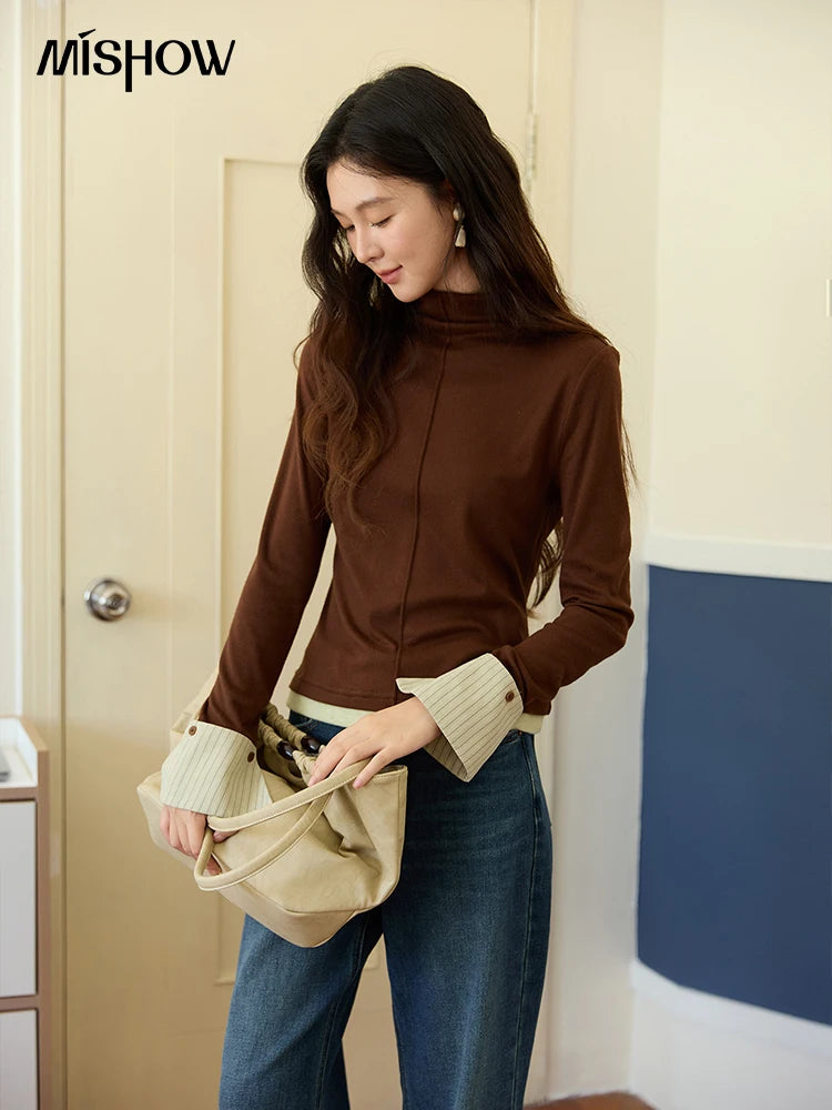 MISHOW Knitted Tops for Women 2025 Autumn New Apricot Stand Collar Long Sleeves Slim Fit with Detachable Cuffs Tops  MXE49Z2532