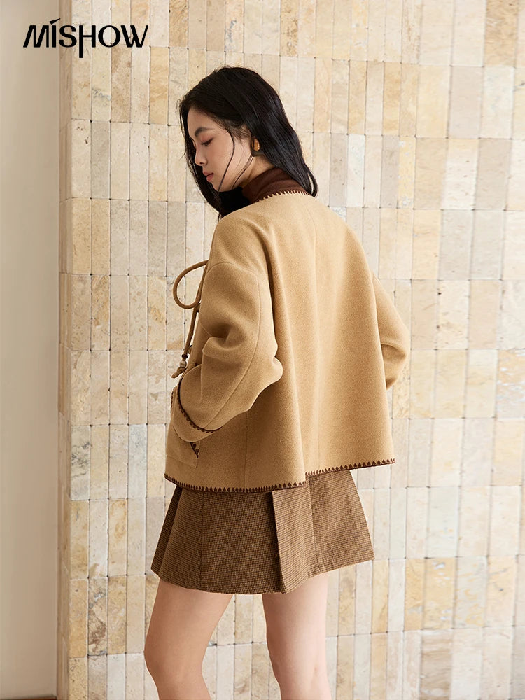 MISHOW Coat for Women 2025 Autumn Winter Khaki Asymmetrical Design Shell Flower Embroidery Lace-up Short Casual Coat MXE49W0854