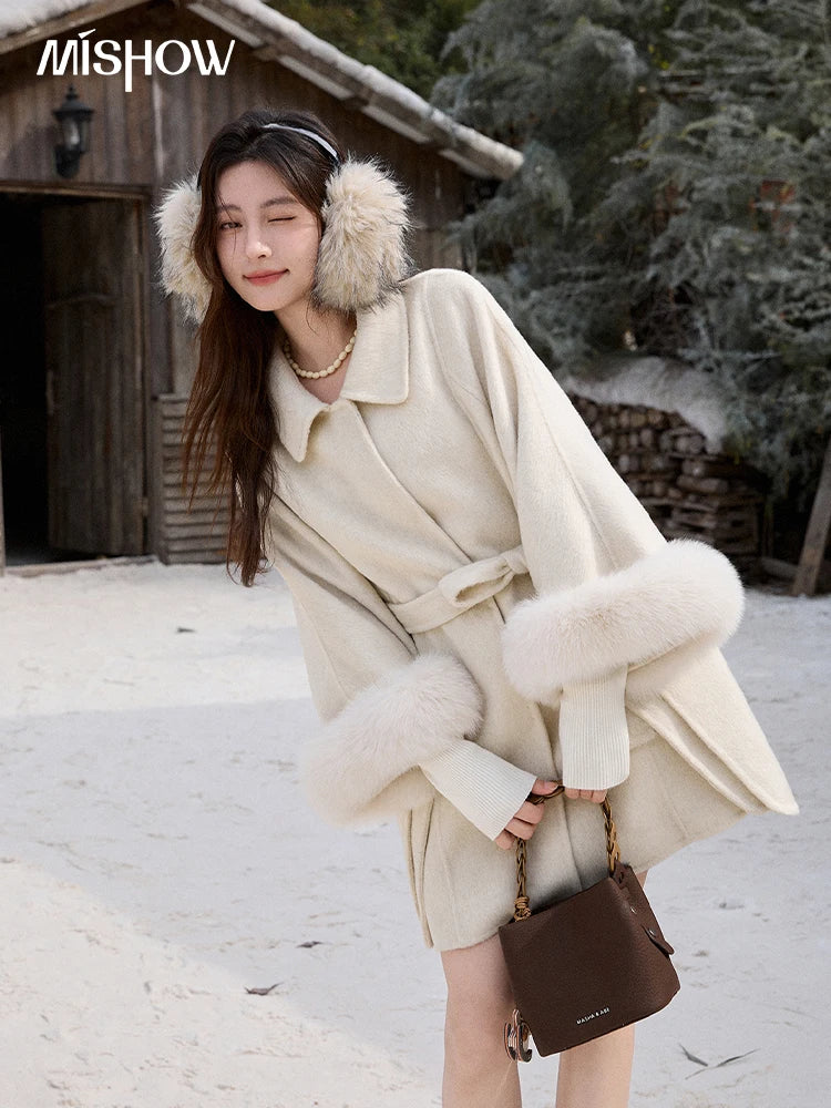 MISHOW 100% Wool Cape Double-sided Woolen Coat 2025 Winter Elegant Detachable Furry Cuffs Warm Lapel Ponchos Coats MXE90W0947
