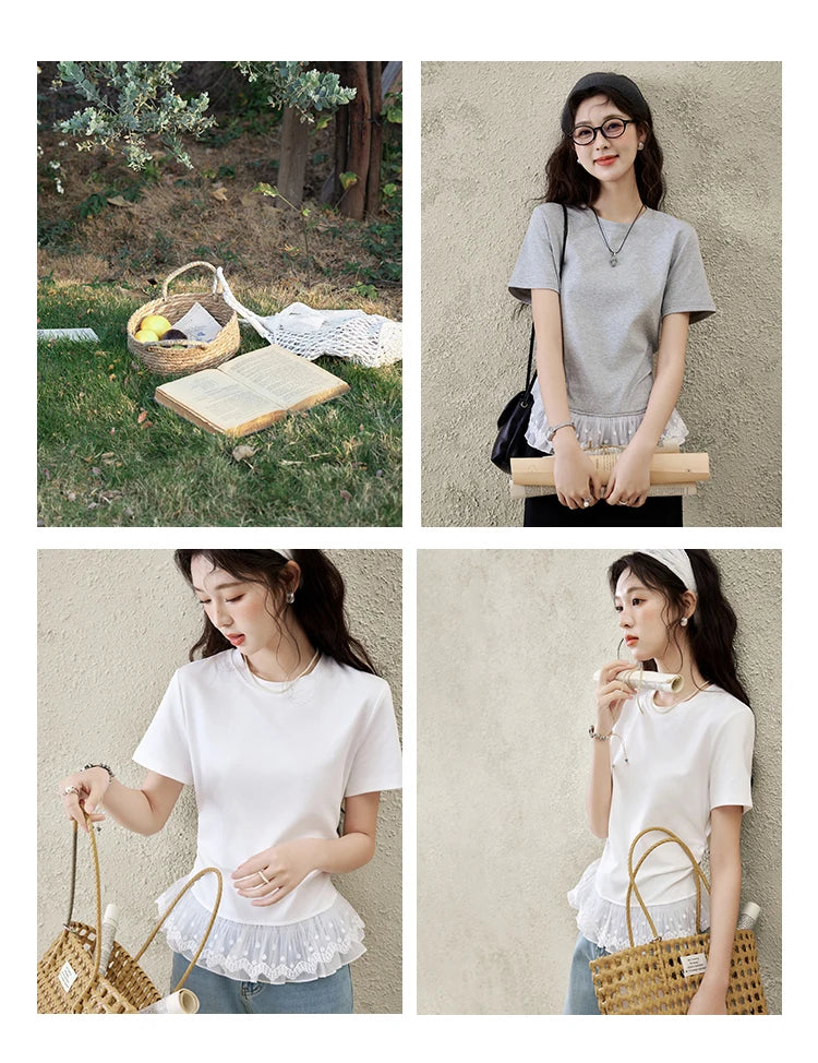 MISHOW Lace Hem Splicing T-shirt for Women Spring/summer 2025 Round Neck Versatile Top Streetwear Solid Casual Tees MXE31T0528