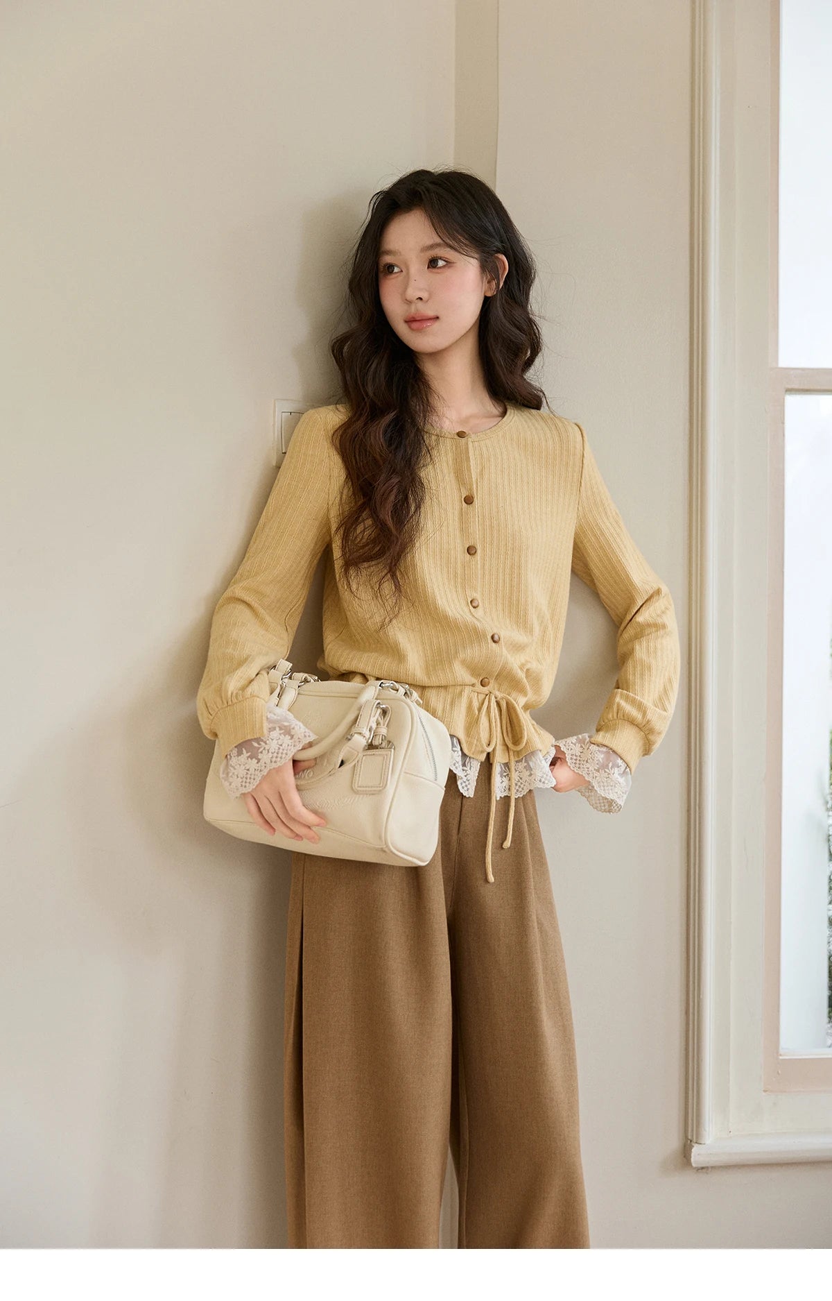 MISHOW Women's Yellow Ribbed Cardigan Spring Lace Trim Drawstring Waist Thin Knitted Sweater Long Sleeve Casual Top MXF11Z2919