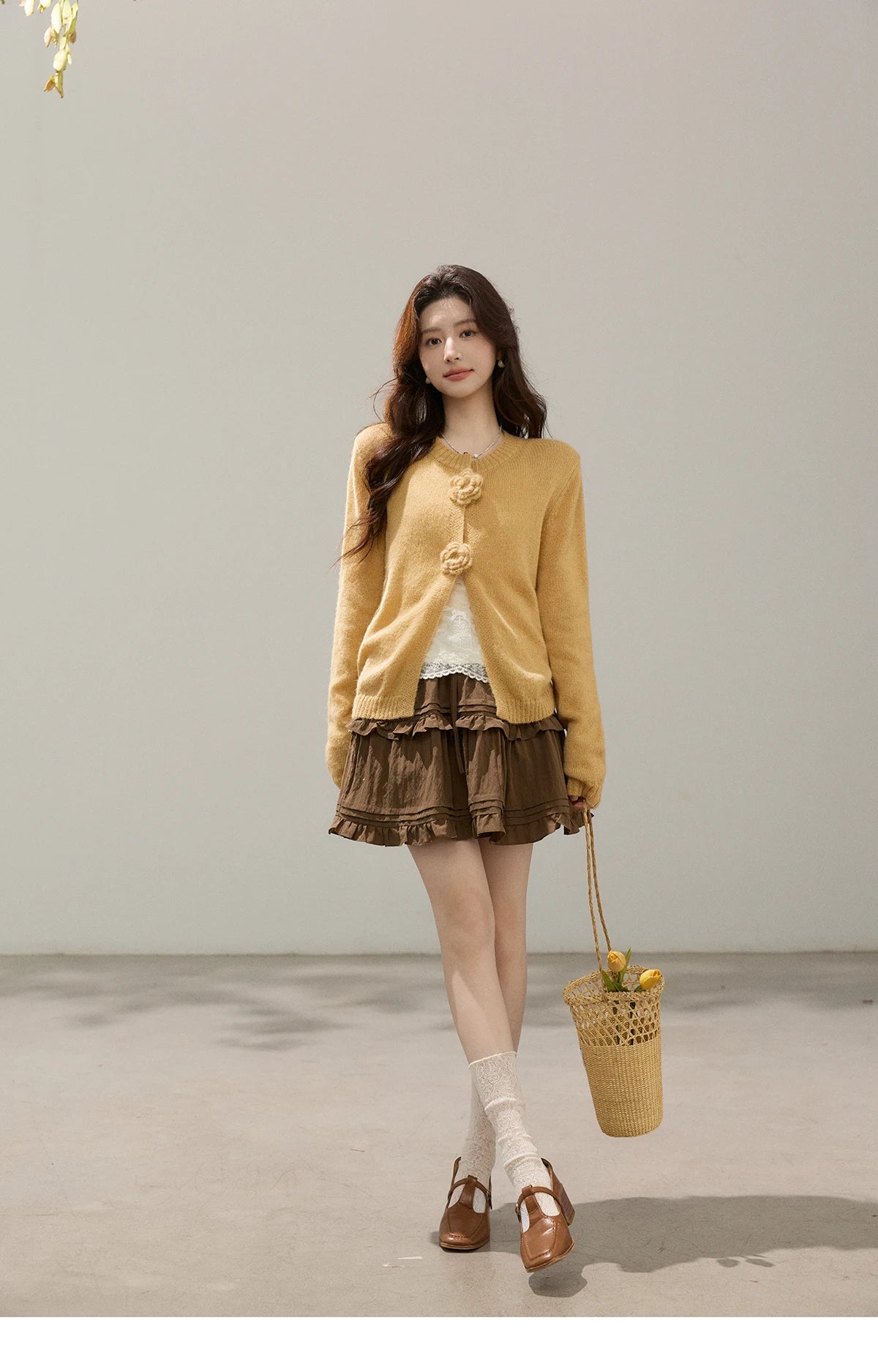 MISHOW Women's Flower Decor Mohair Fork Knit Cardigan 2026 Spring Crew Neck Long Sleeve Tops Casual Solid Sweater MXF15Z3051