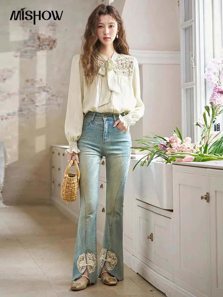 MISHOW Ribbon Collar Shirt for Women Autumn 2025 Sweet Cuffs Pleated Embroidered Petal Sleeve Loose Top Office Lady MXD14C0226