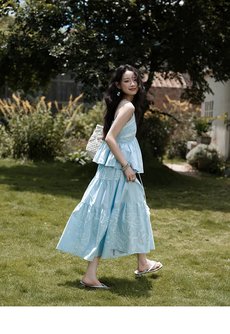 MISHOW Woman 2 Pieces Set 2025 Summer Ladies Fashion Strap V-neck Top Embroidery Flower Hollow Out Drawstring Skirt MXE34T0624