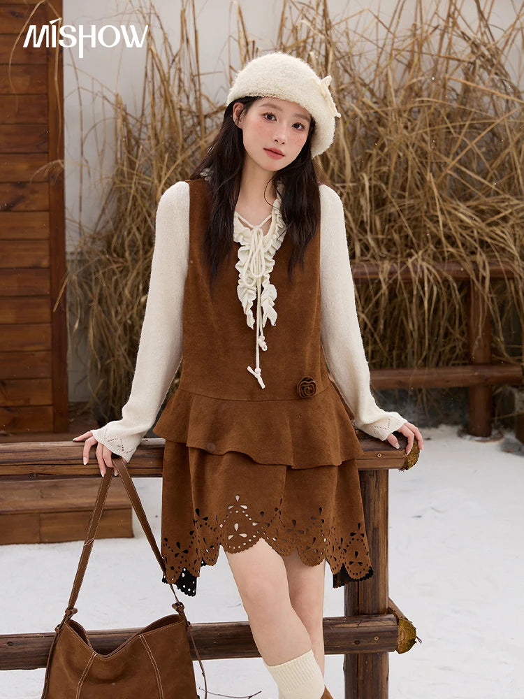 MISHOW Women's Elegant Brown Retro Suede Vest Dress 2025 Autumn Winter Hollow Out V-Neck Tank Dress Sleeveless Dress  MXE51L2524