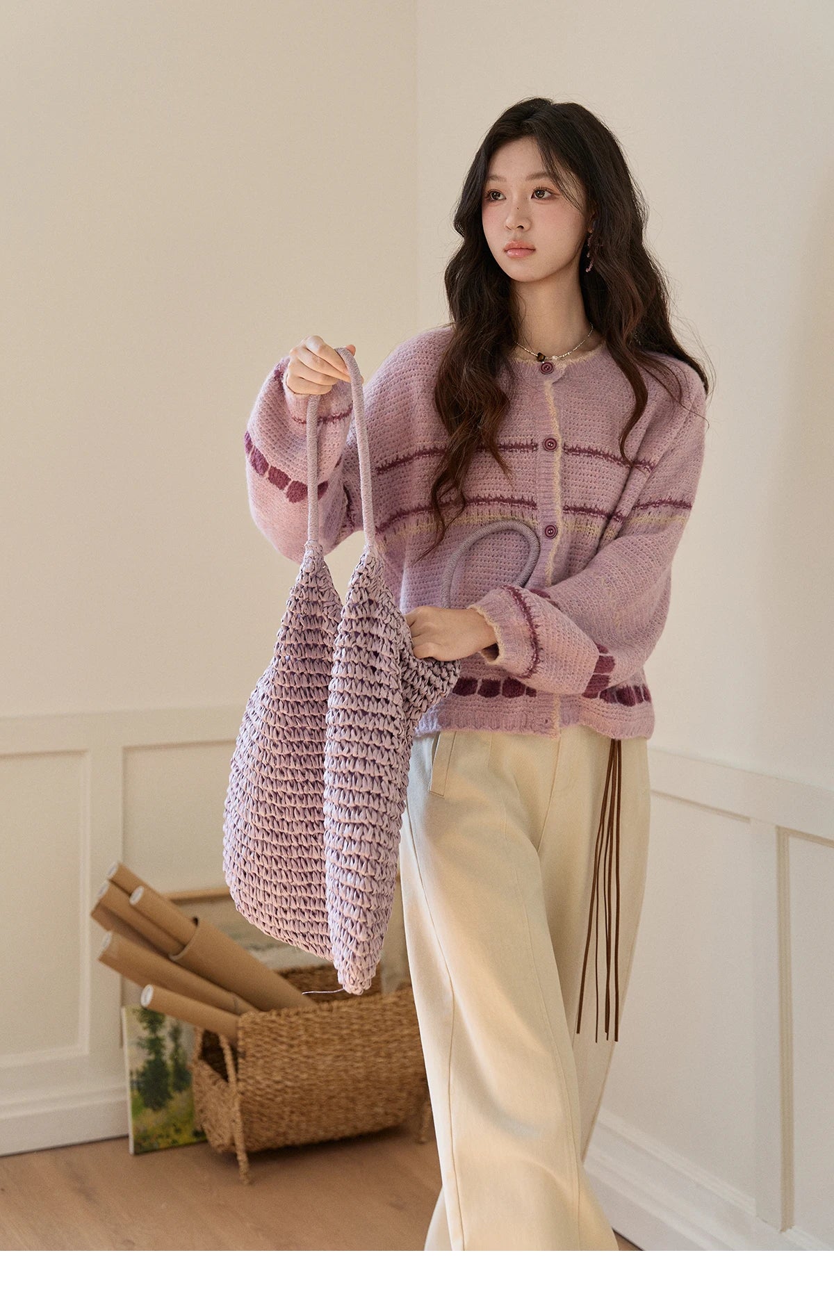 MISHOW Women's Lilac Knit Cardigan 2026 Spring Striped Dot Pattern Crew Neck Tops Single Breasted Warm Loose Sweater MXF11Z2897
