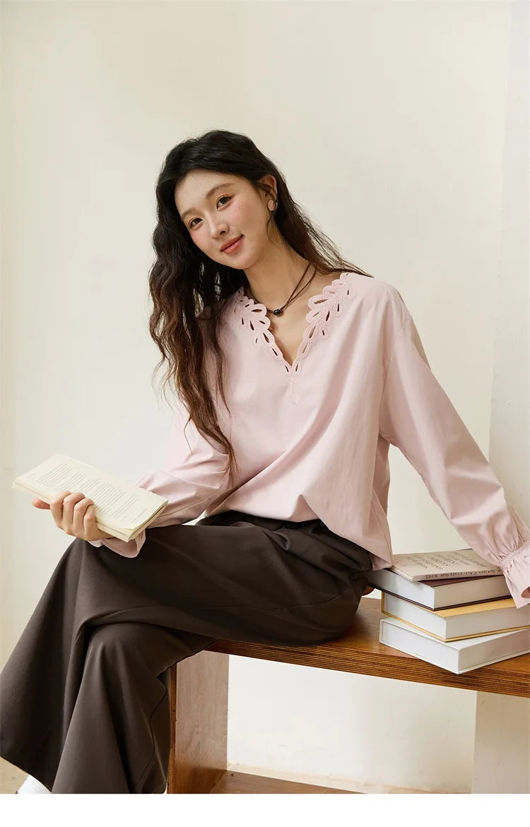 MISHOW Women's Elegant Blouse 2025 Autumn French Style Hollow Out V Neck Pink Blouse Loose Commute Long Sleeves Top MXE48X2502