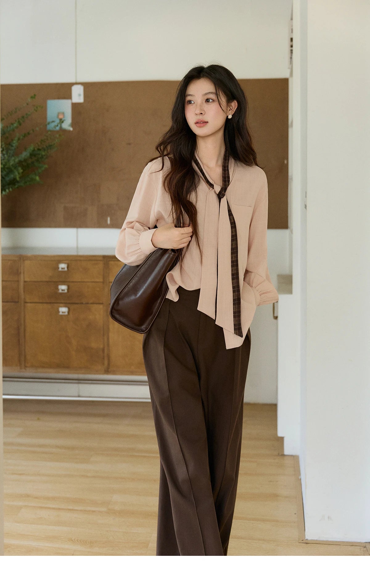 MISHOW Women's Dusty Pink Shirts Spring Plaid Tie Neck Loose Casual Shirt 100 Lyocell Lantern Sleeve Top Office Lady MXF108C0817