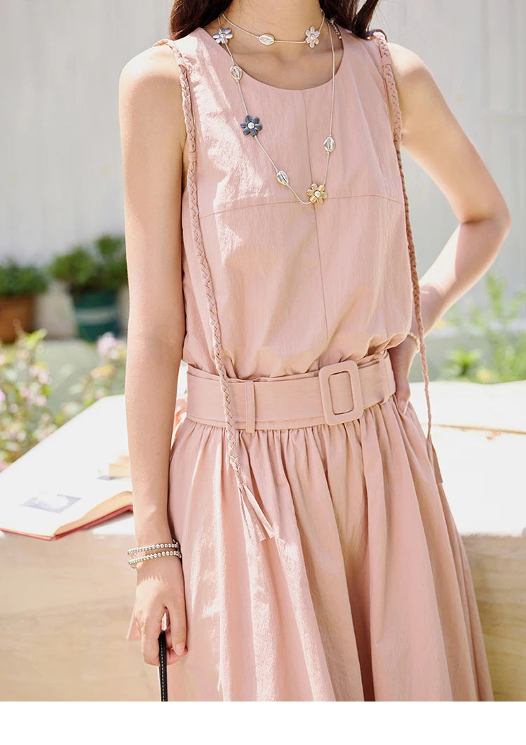 MISHOW Women's Vest Dress 2025 Summer Hand Woven Fried Dough Twists Waist Belt Slim Long Dress A-line Vacation Dress MXE34L2223