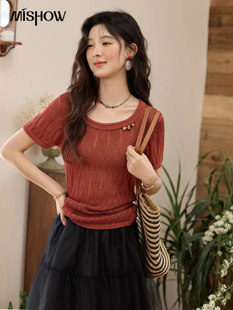 MISHOW Retro Red Hollow Thin Knitted Sweater Shirt for Women 2025 Summer Beads Short Sleeves Knitted Breathable Top MXE35Z1271