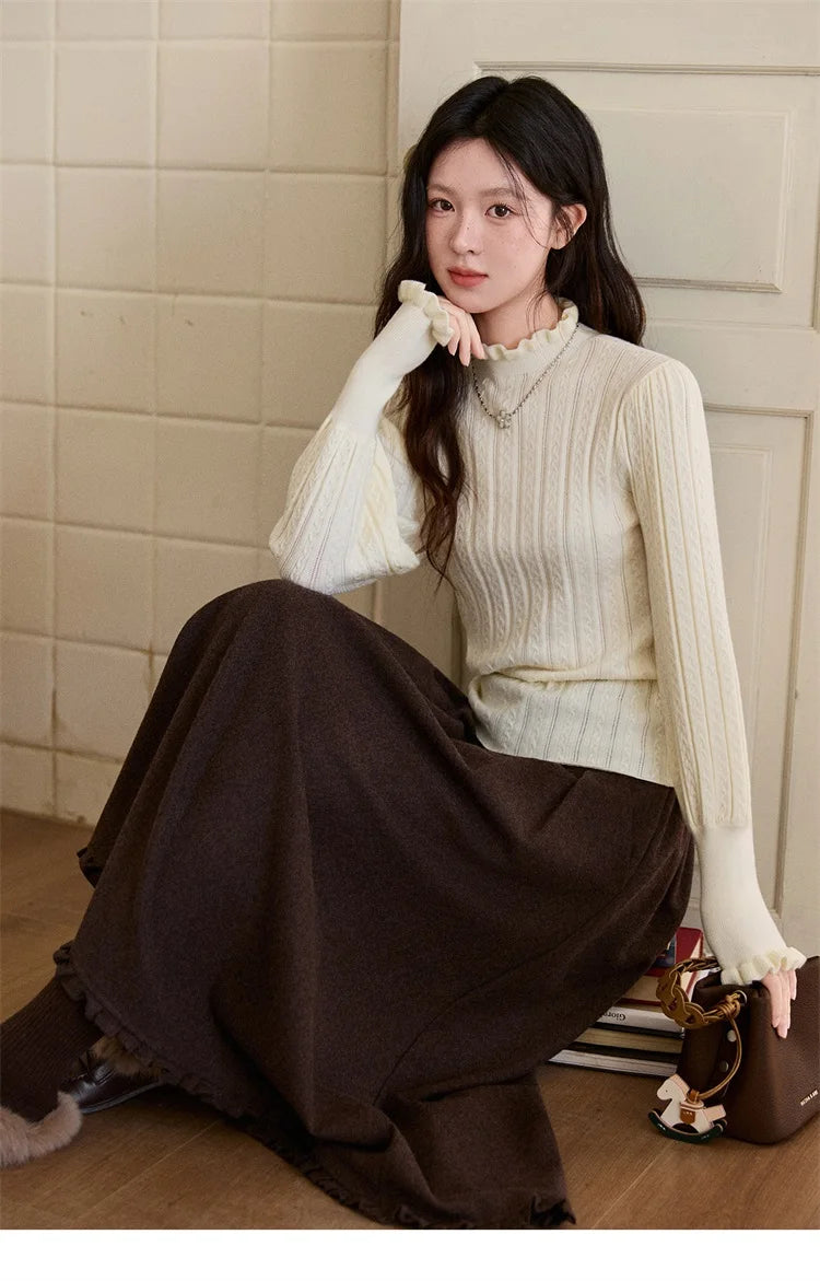 MISHOW Women's Half Turtleneck Ruffle Trim Lantern Sleeve Bottoming Tops 2025 Winter Vertical Rib Slim Knitted Top MXE93Z2810