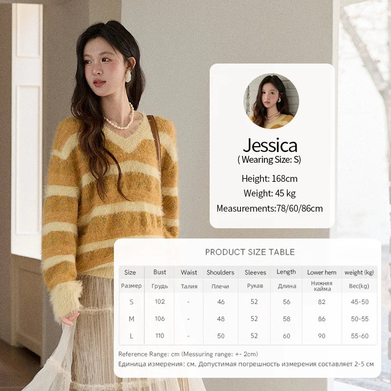 MISHOW Women's V-neck Knit Pullover Retro Yellow Striped Sweater 2025 Casual Faux Mink Jacquard Loose Knit Sweater MXE87Z2766