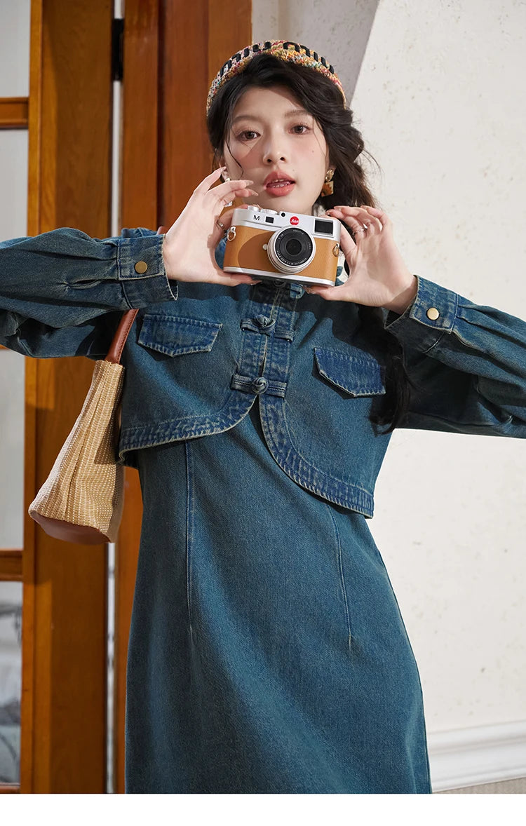 MISHOW Retro Chinese Buckle Denim Short Jacket U-neck Vest Dress Separately 2025 Autumn Casual Coat Knee-Length Dress MXD14L1771
