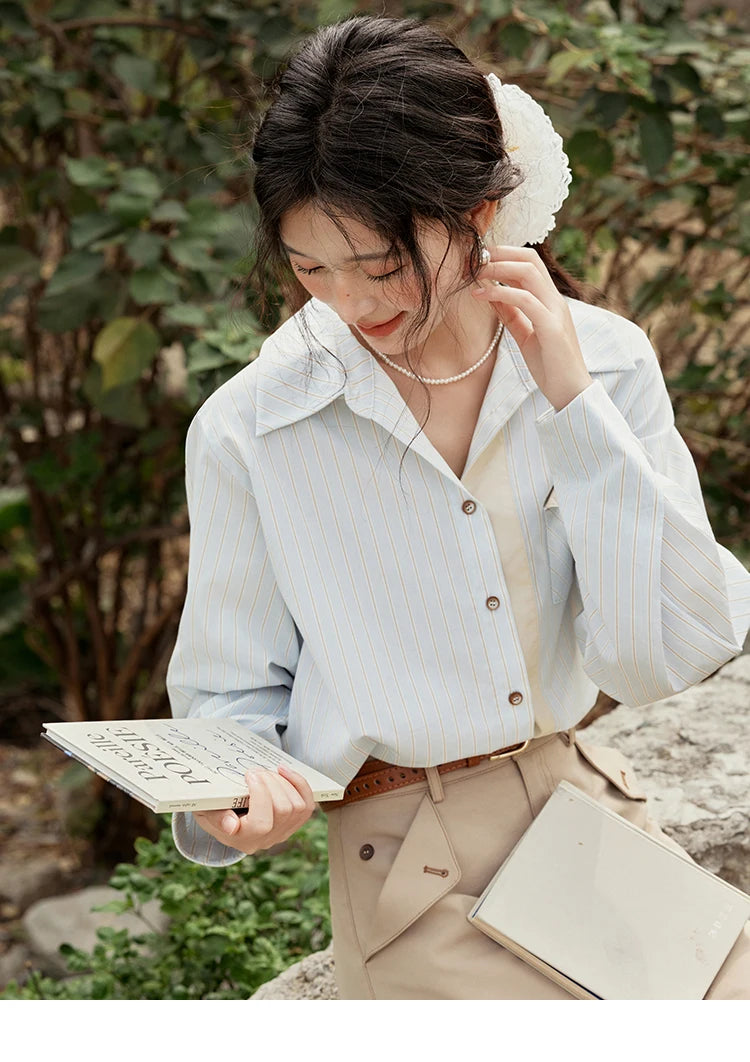 MISHOW Light Blue Striped Shirt for Women Spring 2025 Contrast Color Placket Shirt 100 Cotton Polo Neck Commuting Top MXE15C0762