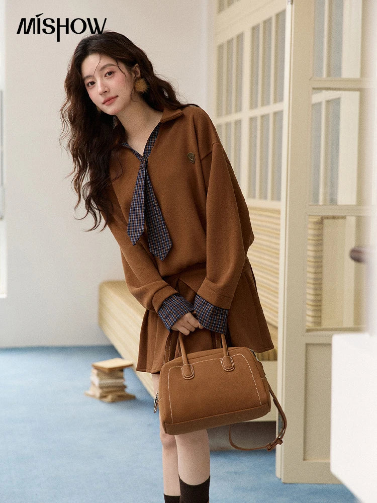 MISHOW Woman Skirt Suit 2025 Winter College Style Fake 2-piece Spliced Sweatshirt Pleated Skirt Casual Woman Sets MXE86T1447