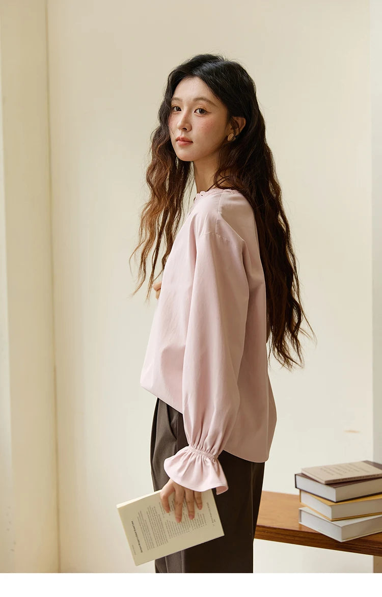 MISHOW Women's Elegant Blouse 2025 Autumn French Style Hollow Out V Neck Pink Blouse Loose Commute Long Sleeves Top MXE48X2502