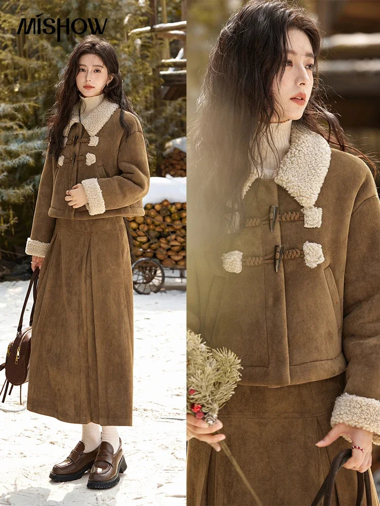 MISHOW Vintage Coats Midi Skirts Separately Brown Suede Plush Jacket Bull Horn Buckle Spliced Design Thick Warm Top MXD36W0500