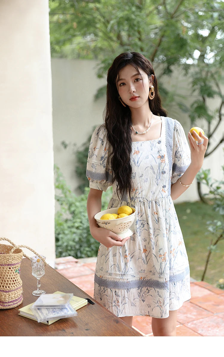 MISHOW Ink Wash Printed Fabric Dress for Women 2025 Summer French Oil Painting Square Neck Splicing Lace Doll Dresses MXD29L1932