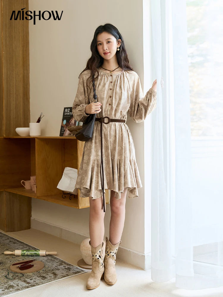MISHOW Cashew Flower Dress Woman 2025 Autumn Retro Waist Irregular Hem Mid-length Dress Commuter Long Sleeves Dress MXE48L2513