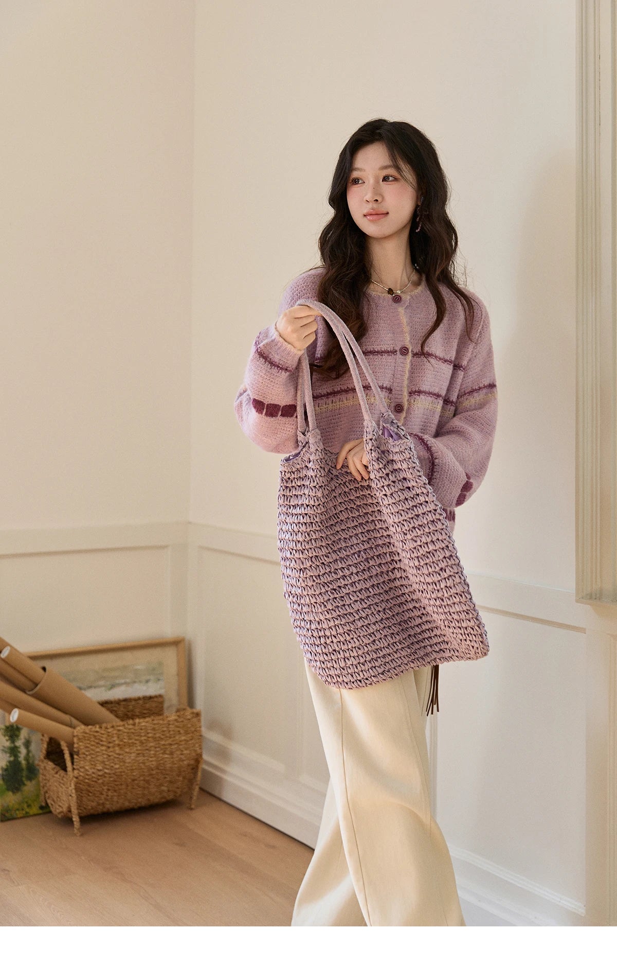 MISHOW Women's Lilac Knit Cardigan 2026 Spring Striped Dot Pattern Crew Neck Tops Single Breasted Warm Loose Sweater MXF11Z2897