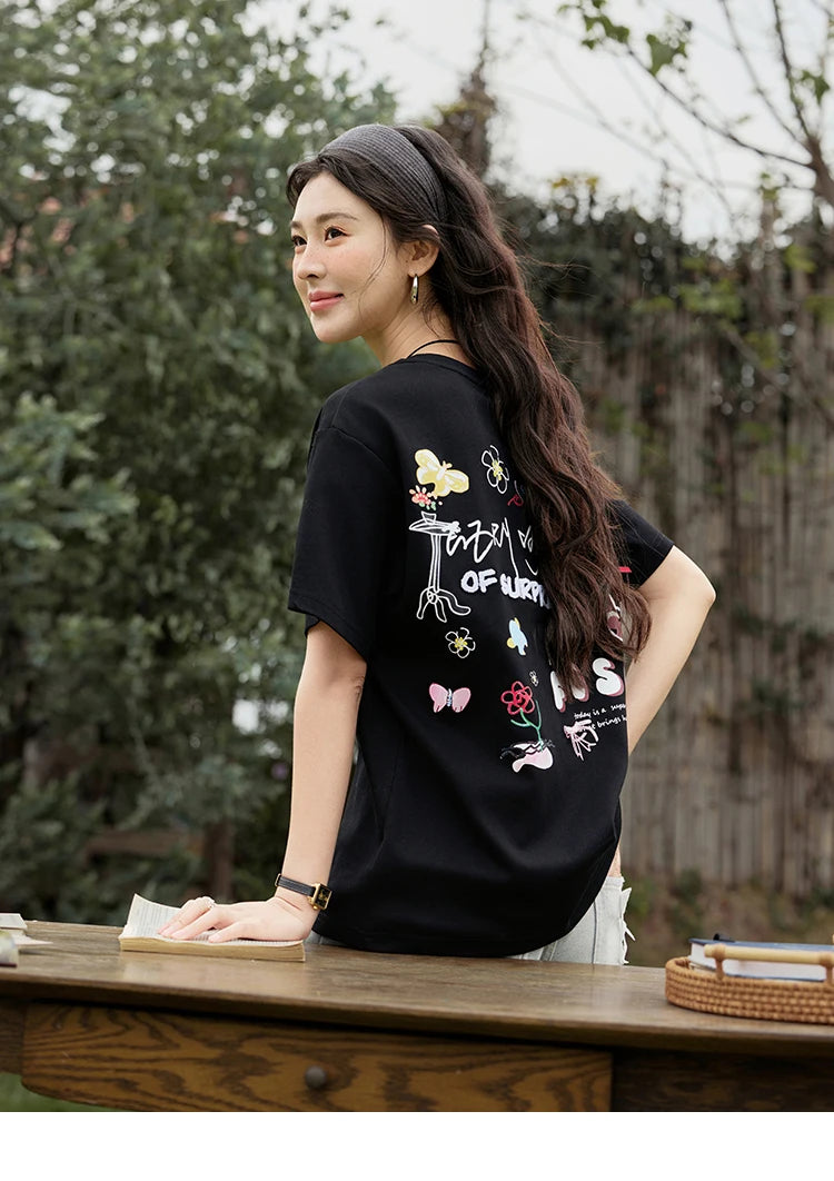 MISHOW Casual Graffiti T-shirt Women Summer 2025 Short Sleeve Round Neck Loose Shirts Female New Fashion Tops Lady MXE15T0475