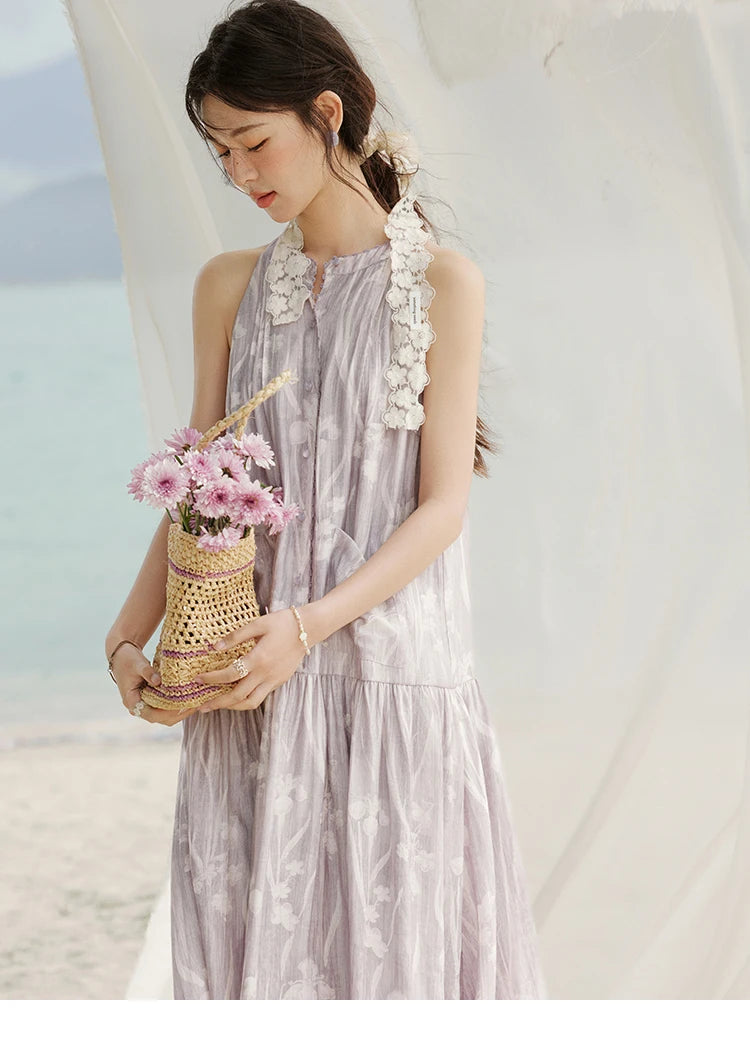 MISHOW Purple Print Chiffon Holiday Dress Women 2025 Summer Sleeveless Stand Collar Slim Dresses Woman New Fashion MXE32L2163