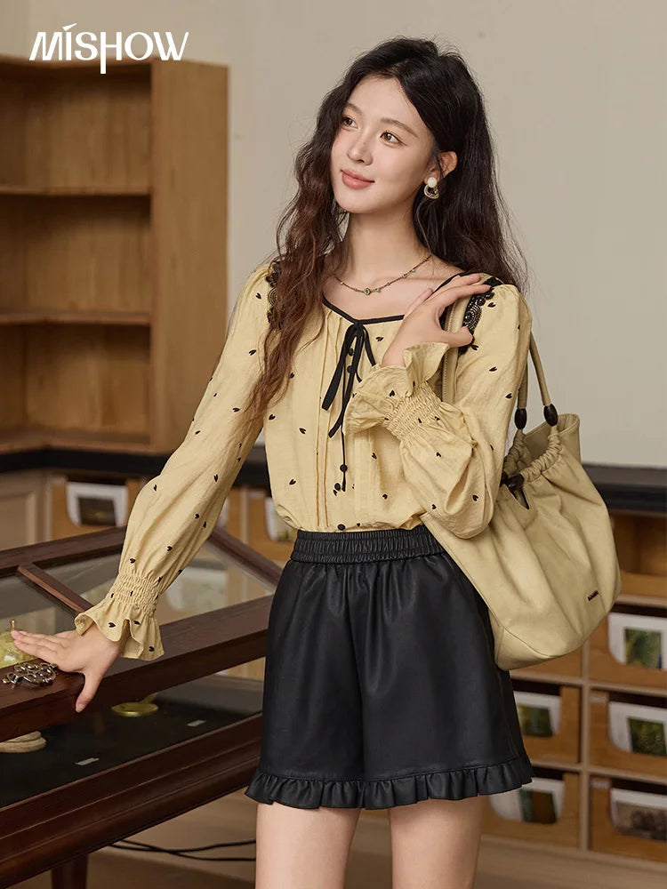 MISHOW Women's Yellow Heart Printed Shirt Autumn Lace Hollowed Out Collar Bubble Sleeve Top Lace-up Commuter Shirts MXE41X1949