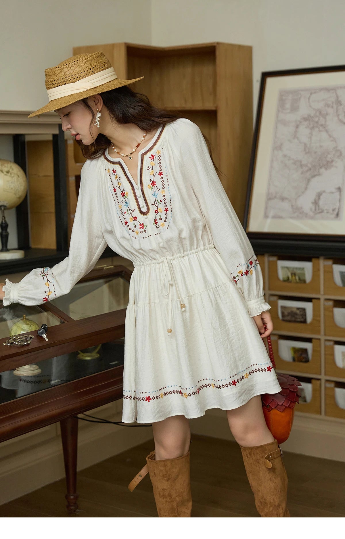 MISHOW Woman Long Sleeve Dress Autumn Elegant V-neck Embroidered Drawstring Waist Dress A-line Bohemian Midi Dresses MXE44L2489